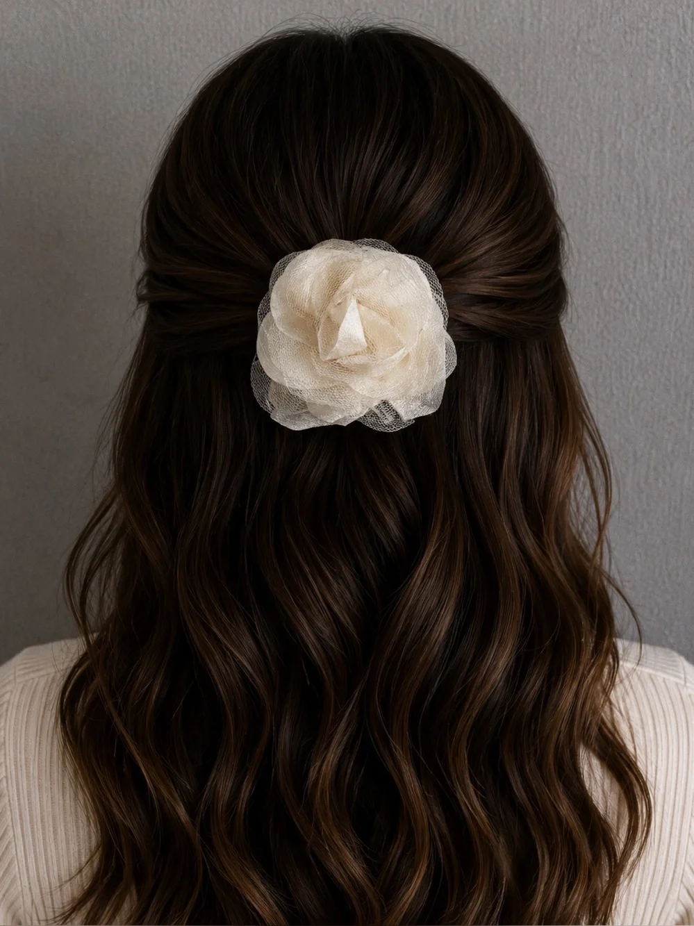 Cream Floral Mesh Hair Clip -  Women's Accessory